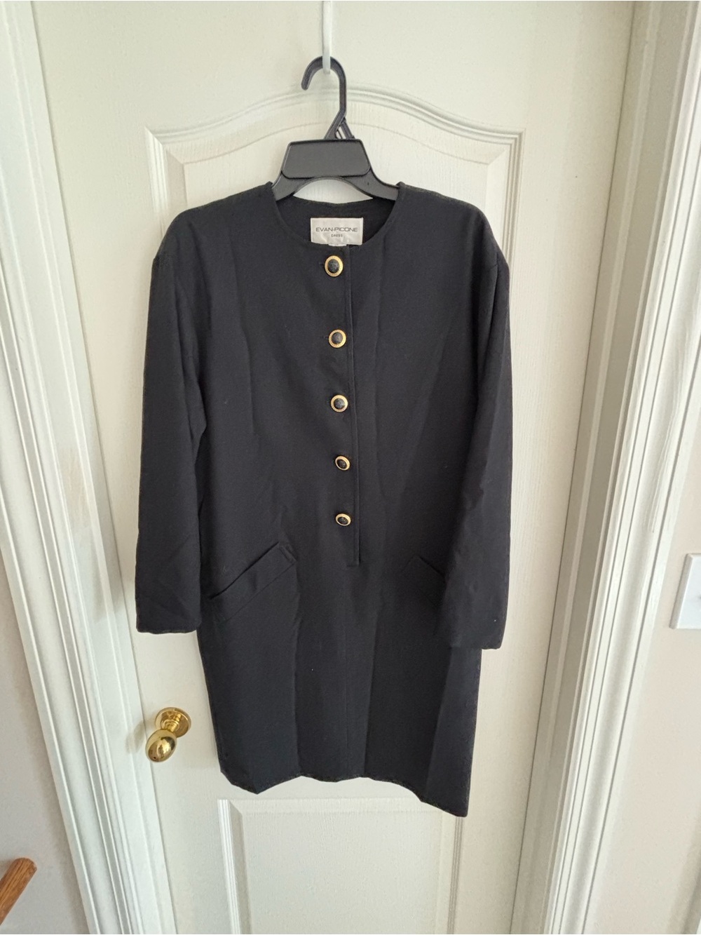Vintage 80s Evan Picone sz 10 Dark Wool Lined Shift Dress Crest Buttons